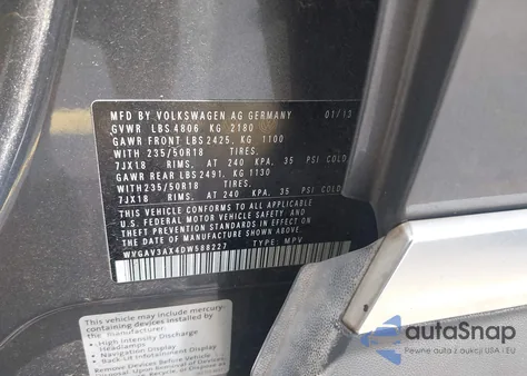 2013 Volkswagen Tiguan Se z USA, uszkodzony, nr VIN WVGAV3AX4DW588227